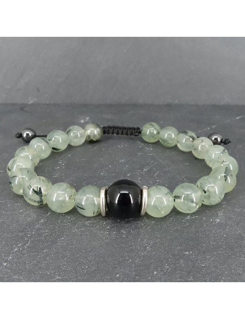 Onyx noir et prehnite, Bracelet homme