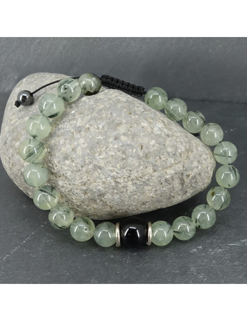Onyx noir et prehnite, Bracelet homme