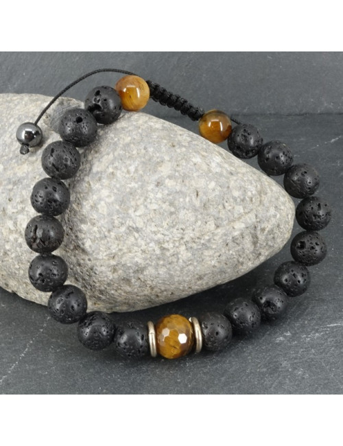 Pierre de lave et oeil de tigre, bracelet homme