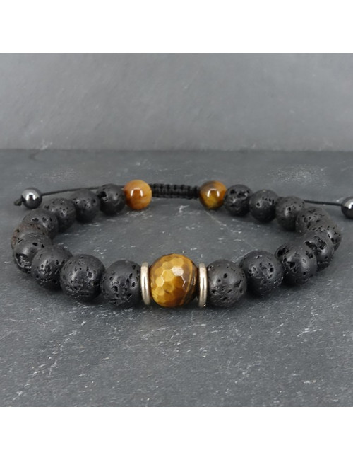 Pierre de lave et oeil de tigre, bracelet homme