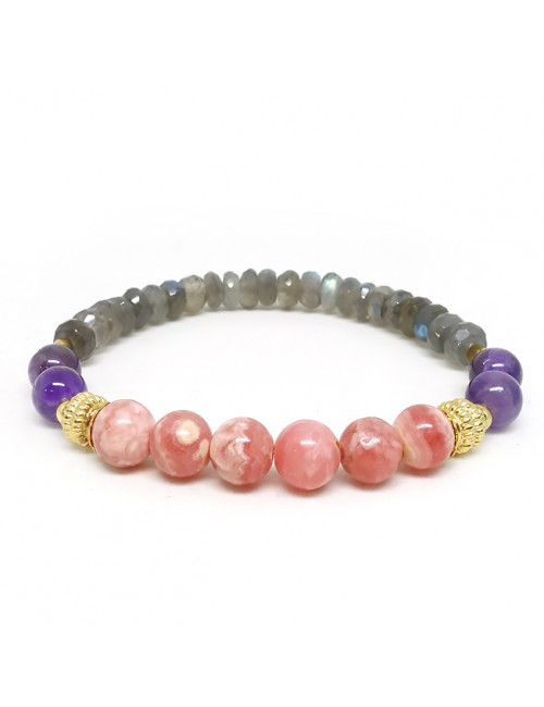 Labradorite facettéé, rhodochrosite et améthyste, Bracelet extensible