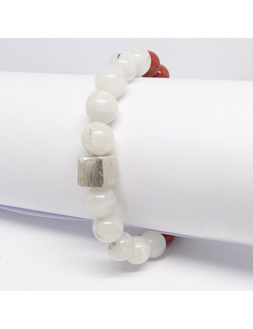 Pierre de lune, jadéite et jaspe rouge, bracelet extensible