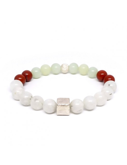 Pierre de lune, jadéite et jaspe rouge, bracelet extensible