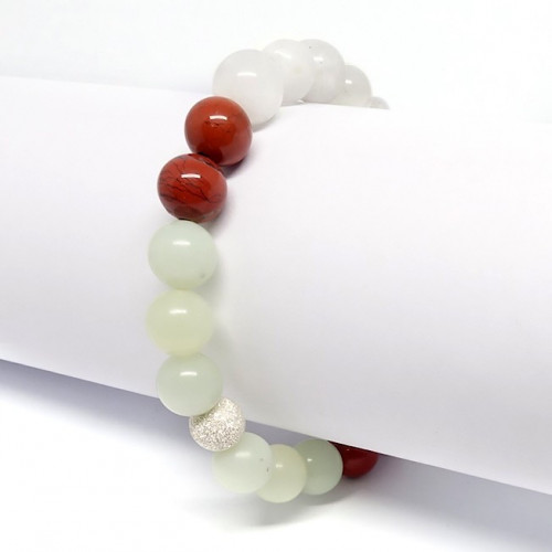 Pierre de lune, jadéite et jaspe rouge, bracelet extensible Pierre de lune, jadéite et jaspe rouge, bracelet extensible