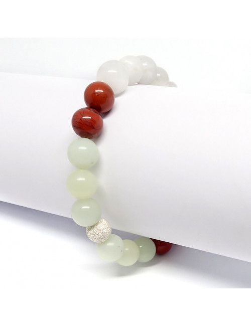 Pierre de lune, jadéite et jaspe rouge, bracelet extensible