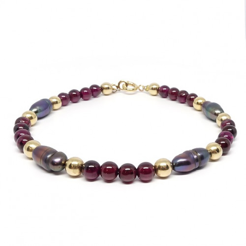 Bracelet grenat, onyx et turquoise, breloque "ancre"