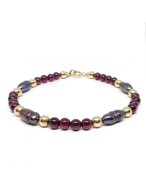 Grenat et perles biwa, Bracelet avec plaqué or Grenat et perles biwa, Bracelet avec plaqué or