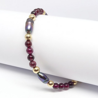 Bracelet grenat, onyx et turquoise, breloque "ancre"