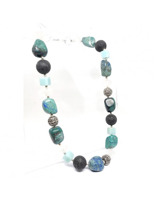 Chrysocolle, lave, amazonite et Quartz, collier création unique