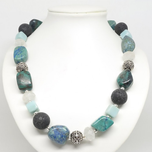 Chrysocolle, lave, amazonite et Quartz, collier création unique