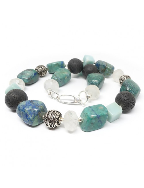 Chrysocolle, lave, amazonite et Quartz, collier création unique