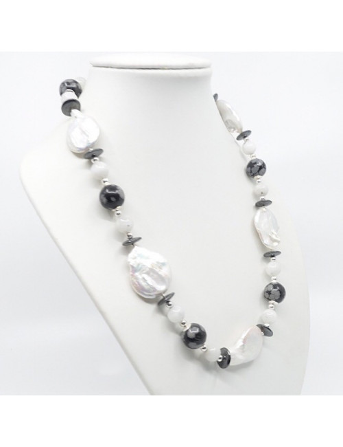 Collier chunky création en Obsidienne neige, Pierre de lune et perle biwa