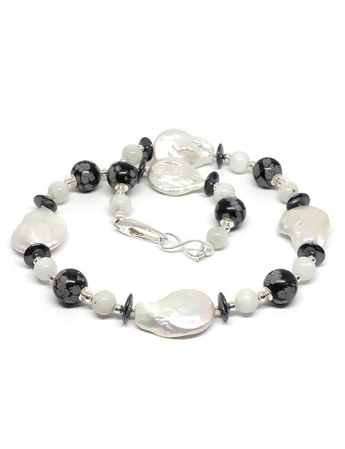 Obsidienne neige, Pierre de lune et biwa, Collier création
