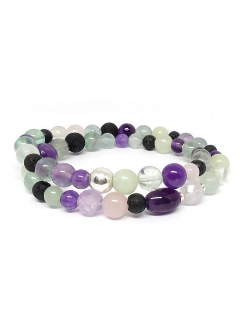 Améthyste, quartz rose, jadéite, lave, fluorite. Bracelet double rang.
