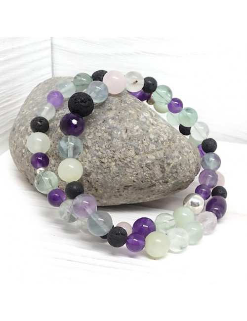 Améthyste, quartz rose, jadéite, lave, fluorite. Bracelet double rang.