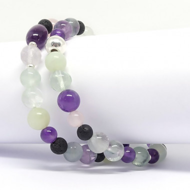 Améthyste, quartz rose, jadéite, lave, fluorite. Bracelet double rang.