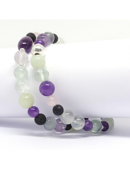 Améthyste, quartz rose, jadéite, lave, fluorite. Bracelet double rang.