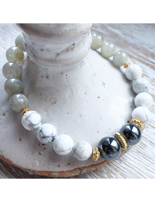Labradorite, howlite et hématite, bracelet élastique