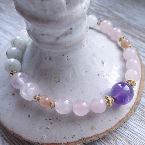Pierre de lune, quartz rose, Pierre de soleil et amethyste, bracelet élastique