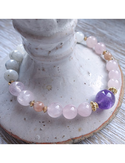 Pierre de lune, quartz rose, Pierre de soleil et amethyste, bracelet élastique