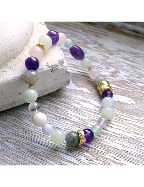 Labradorite, jadéite, améthyste, quartz rose et fluorite, bracelet élastique
