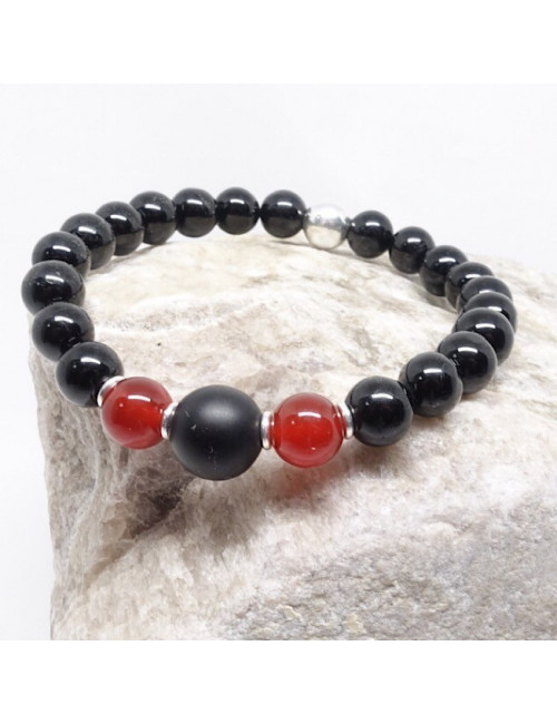 Tourmaline noire, onyx et agate rouge, bracelet homme