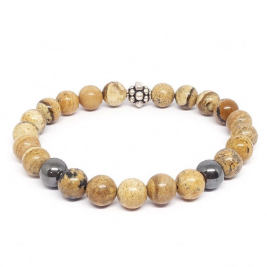 Jaspe paysage et Hematite, bracelet homme