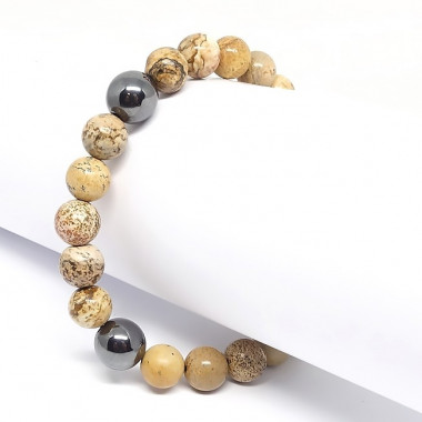 Jaspe paysage et Hematite, bracelet homme
