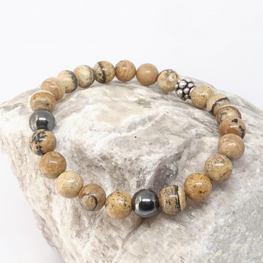 Jaspe paysage et Hematite, bracelet homme