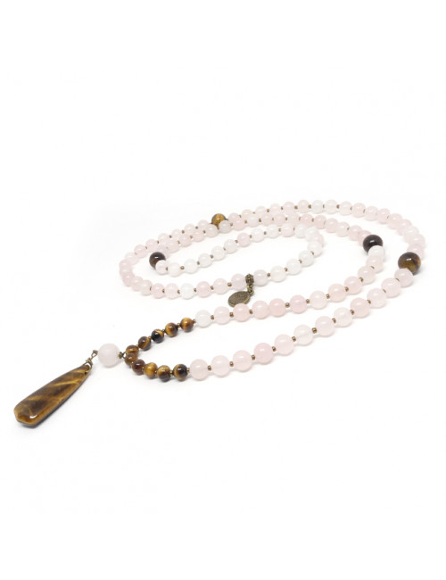Mala Œil de tigre et quartz rose