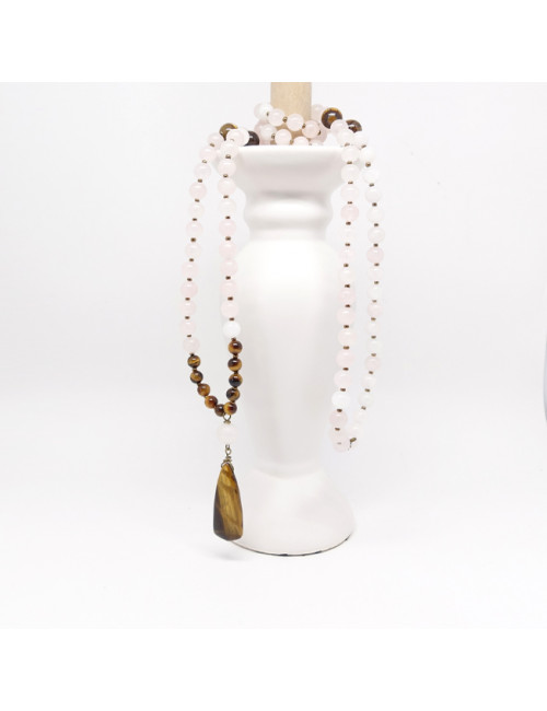 Mala Œil de tigre et quartz rose
