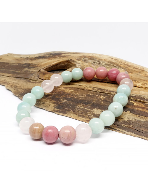 Equilibre du chakra du coeur -Rhodonite, quartz rose et d'amazonite, Bracelet extensible