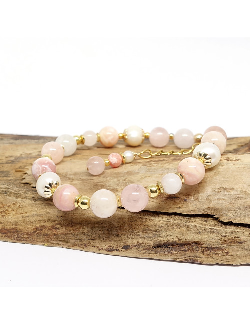 Bracelet création en morganite, opale rose et biwa avec gold filled