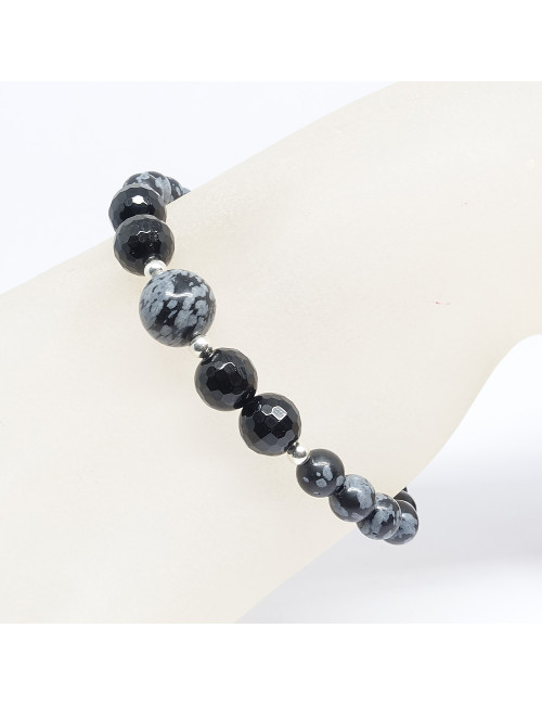 Bracelet extensible en obsidienne neige et noire et argent 925