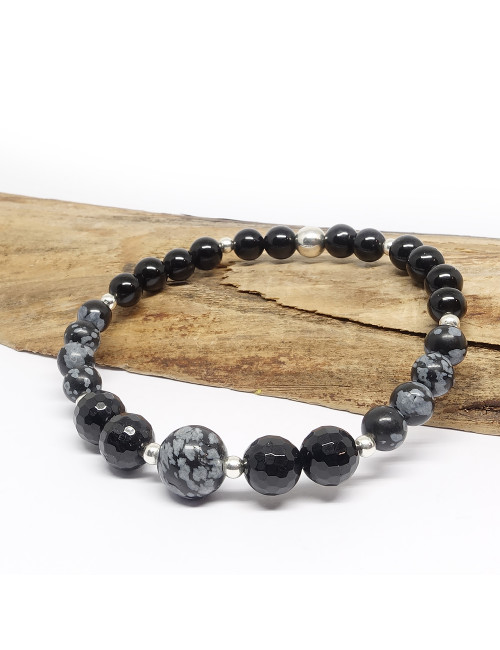 Bracelet extensible en obsidienne neige et noire et argent 925