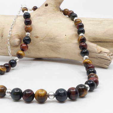 Collier homme pierres 10 mm des 3 oeils (oeil de tigre, oeil de faucon et oeil de taureau)