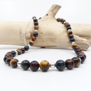 Collier homme pierres 10 mm des 3 oeils (oeil de tigre, oeil de faucon et oeil de taureau)