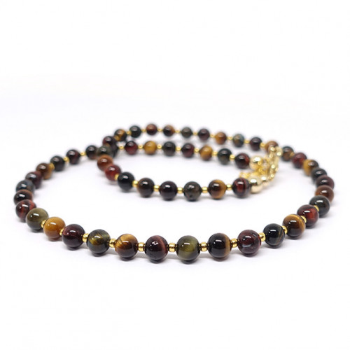 Pierres des 3 "oeils" 8 mm - Oeil de tigre, oeil de taureau et oeil de faucon, Collier femme