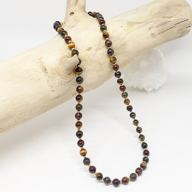 Pierres des 3 "oeils" 8 mm - Oeil de tigre, oeil de taureau et oeil de faucon, Collier femme