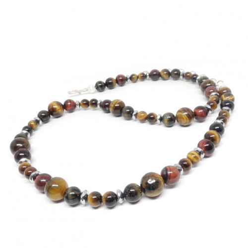 Collier homme pierres des 3 "oeils" et hématite argentée - Oeil de tigre, oeil de taureau et oeil de faucon