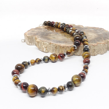 Collier homme pierres des 3 "oeils" et hématite argentée - Oeil de tigre, oeil de taureau et oeil de faucon