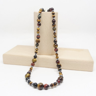 Collier homme pierres des 3 "oeils" et hématite argentée - Oeil de tigre, oeil de taureau et oeil de faucon