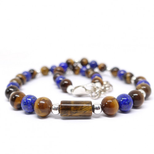 Collier pour homme en pierre oeil de tigre et lapis lazuli