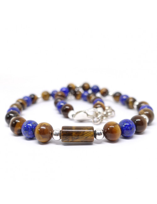 Collier pour homme en pierre oeil de tigre et lapis lazuli