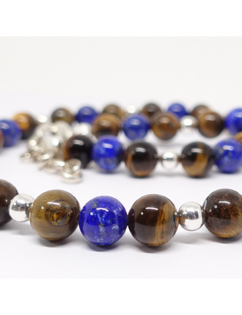 Collier pour homme en pierre oeil de tigre et lapis lazuli