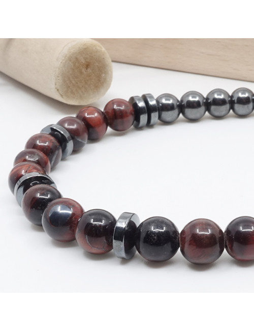 Collier homme en pierre oeil de taureau et hématite