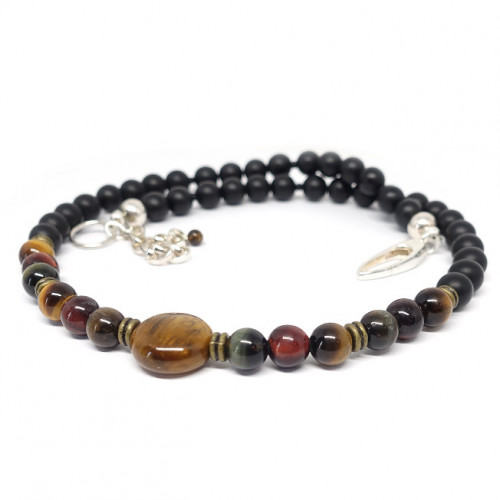 Collier homme en pierre des 3 oeils (oeil de tigre, oeil de faucon et oeil de taureau) et onyx.