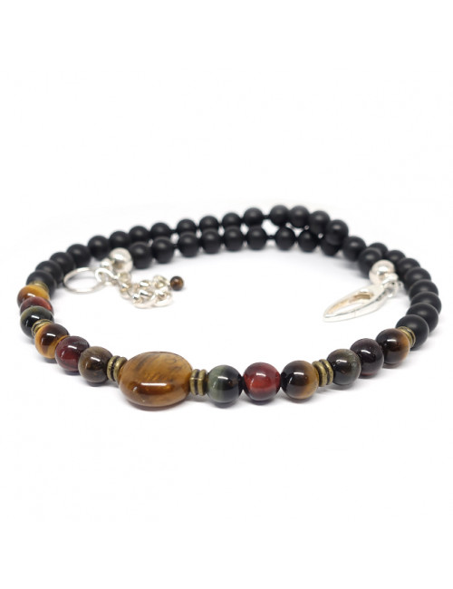 Collier homme en pierre des 3 oeils (oeil de tigre, oeil de faucon et oeil de taureau) et onyx.