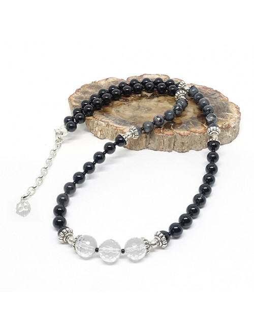 Collier homme en pierre Tourmaline, larvikite et cristal de roche facetté.