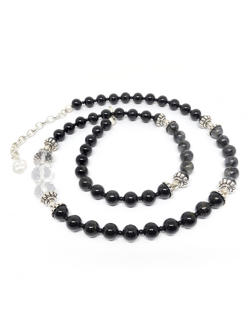 Collier homme en pierre Tourmaline, larvikite et cristal de roche facetté.
